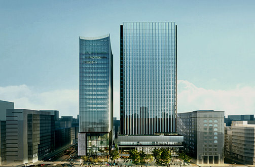 ミュージアムタワー京橋とTODA BUILDINGからなる京橋彩区の街区全景。芸術と文化が調和する都市空間として再開発された。
